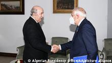 ALGIERS, ALGERIA - MARCH 13: (----EDITORIAL USE ONLY - MANDATORY CREDIT - PRESIDENCY OF ALGERIA / HANDOUT - NO MARKETING NO ADVERTISING CAMPAIGNS - DISTRIBUTED AS A SERVICE TO CLIENTS----) President of Algeria, Abdelmadjid Tebboune (L) meets European Commission's High Representative for Foreign Affairs and Security Policy Josep Borrell Fontelles (R) at El Mouradia Palace in Algiers, Algeria on March 13, 2023. Algerian Presidency / Handout / Anadolu Agency