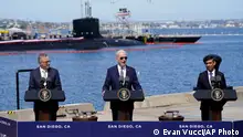 President Joe Biden speaks after meeting with British Prime Minister Rishi Sunak, right, and Australian Prime Minister Anthony Albanese at Naval Base Point Loma, Monday, March 13, 2023, in San Diego. (AP Photo/Evan Vucci)