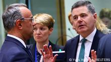 13.03.2023 *** Eurogroup President Paschal Donohoe and Greek Finance Minister Christos Staikouras talk as they attend a euro zone finance ministers' meeting in Brussels, Belgium, March 13, 2023. REUTERS/Yves Herman