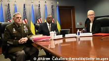 15.03.2023 *** ARLINGTON, VIRGINIA - MARCH 15: (L-R) Chairman of the Joint Chiefs of Staff General Mark Milley, US Defense Secretary Lloyd Austin and Assistant Secretary of Defense for International Security Affairs, Celeste Wallander, attend a virtual meeting of Ukraine Defense Contact Group at the Pentagon on March 15, 2023 in Arlington, Virginia. (Photo by Andrew Caballero-Reynolds - Pool/Getty Images)