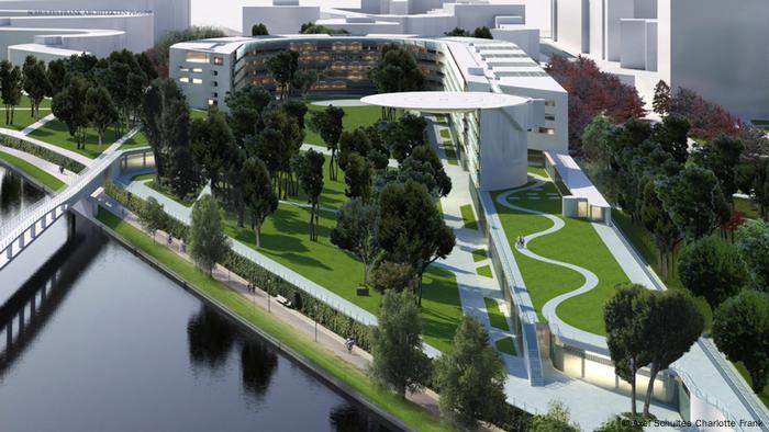 Auf dem Foto ist der geplante Neubau am Bundeskanzleramt in einer Computeranimation zu sehen. Das Gebäude steht auf der anderen Spreeseite und soll durch eine Brücke mit dem Kanzleramt verbunden sein
