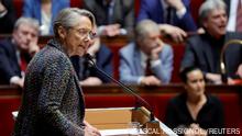 16/03/2023 French Prime Minister Elisabeth Borne delivers a speech to announce the use of the article 49.3, a special clause in the French Constitution, to push the pensions reform bill through the lower house of parliament without a vote by lawmakers, at the National Assembly in Paris, France, March 16, 2023. REUTERS/Pascal Rossignol
