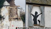 Bildcombo: links ein halbzerstörtes Haus, rechts ein Graffiti, dass einen Jungen zeigt, der Vorhänge zu öffnen scheint, neben ihm eine Katze 
