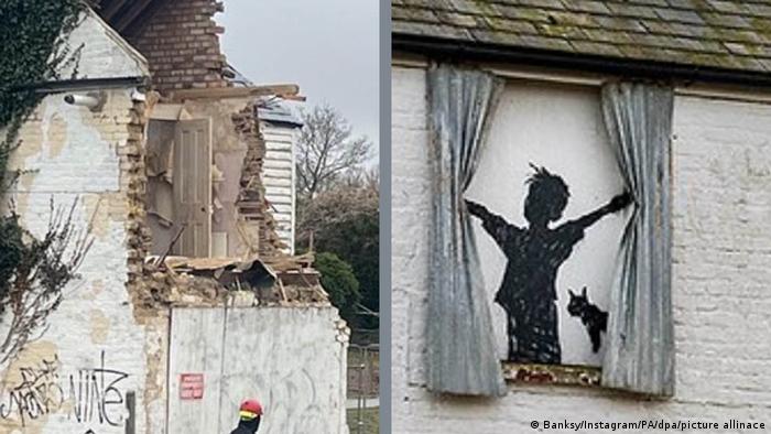 Bildcombo: links ein halbzerstörtes Haus, rechts ein Graffiti, das einen Jungen zeigt, der Vorhänge zu öffnen scheint, neben ihm eine Katze 