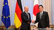 Chancellor of the Federal Republic of Germany, Olaf Scholz, and Prime minister of Japan, Fumio Kishida shake hands as they hold a talk prior the Japan-Germany summit meeting at the prime minister's official residence on March 18, 2023, in Tokyo, Japan. David Mareuil/Pool via REUTERS