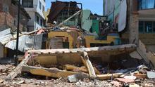 Destroyed buildings are seen after an earthquake in the city of Machala, Ecuador on March 18, 2023. - Four dead in southern Ecuador and damage to buildings after an earthquake with an epicenter in that country, which reached its neighbor Peru, according to a preliminary balance of authorities. The earthquake of magnitude 6.5 in Ecuador and 7.0 in Peru was recorded at 12:12 local time (17:12 GMT) in the Ecuadorian municipality of Balao, about 140 kilometers from the port of Guayaquil, and at a depth of 44 kilometers, authorities reported. (Photo by Gleen Suarez / AFP) (Photo by GLEEN SUAREZ/AFP via Getty Images)