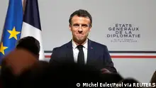 16.3.2023, Paris***
French President Emmanuel Macron delivers his speech during the National Roundtable on Diplomacy at the foreign ministry in Paris, Thursday, March 16, 2023. Michel Euler/Pool via REUTERS