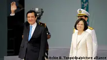 20.3.2023***Taipei
+++in der mobilen Ausspielung ist im hochformat u Quadrat Ma Ying-jeou NICHT zu sehen++
epa05318207 Taiwan new President Tsai Ing-wen (R) looks on as outgoing president Ma Ying-jeou (L) waves to a crowd (unseen) during the Presidential inauguration, in Taipei, Taiwan, 20 May 2016. Tsai Ing-wen of the Democratic Progressive Party (DPP) took office on 20 May 2016 as Taiwan's first female leader, and also the first president from the former opposition with a parliamentary majority, under China's watchful gaze. Tsai's arrival in power and the resounding defeat of the Kuomintang Party, which along with the presidency also lost its majority in parliament for the first time in 67 years in January, heralds significant political changes on the island, especially with regards to foreign policy. EPA/RITCHIE B. TONGO ++ +++ dpa-Bildfunk +++