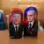 Bonecas de madeira tradicionais russas, conhecidas como matrioscas, retratando o presidente chinês, Xi Jinping, e o presidente russo, Vladimir Putin.