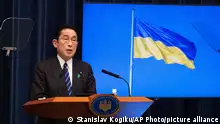 24.02.2023 *** Japanese Prime Minister Fumio Kishida speaks during his press conference in Tokyo Friday, Feb. 24, 2023. Kishida said Friday he plans to present to other Group of Seven countries a set of new ideas for sanctions against Russia over its war on Ukraine when he hosts an online G-7 summit to mark the one-year anniversary of the start of the invasion. (Stanislav Kogiku/Pool Photo via AP)