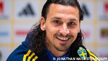Sweden's forward Zlatan Ibrahimovic attends press conference following a training session of Sweden's national football team in Solna on March 21, 2023, ahead to the EURO qualifier of Sweden vs Belgium to be played on March 24, 2023. (Photo by Jonathan NACKSTRAND / AFP)