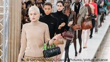 PARIS, FRANCE - MARCH 07: A model walks the runway during the Miu Miu Ready to Wear Fall/Winter 2023-2024 fashion show as part of the Paris Fashion Week on March 7, 2023 in Paris, France. CAP/GOL ©GOL/Capital Pictures