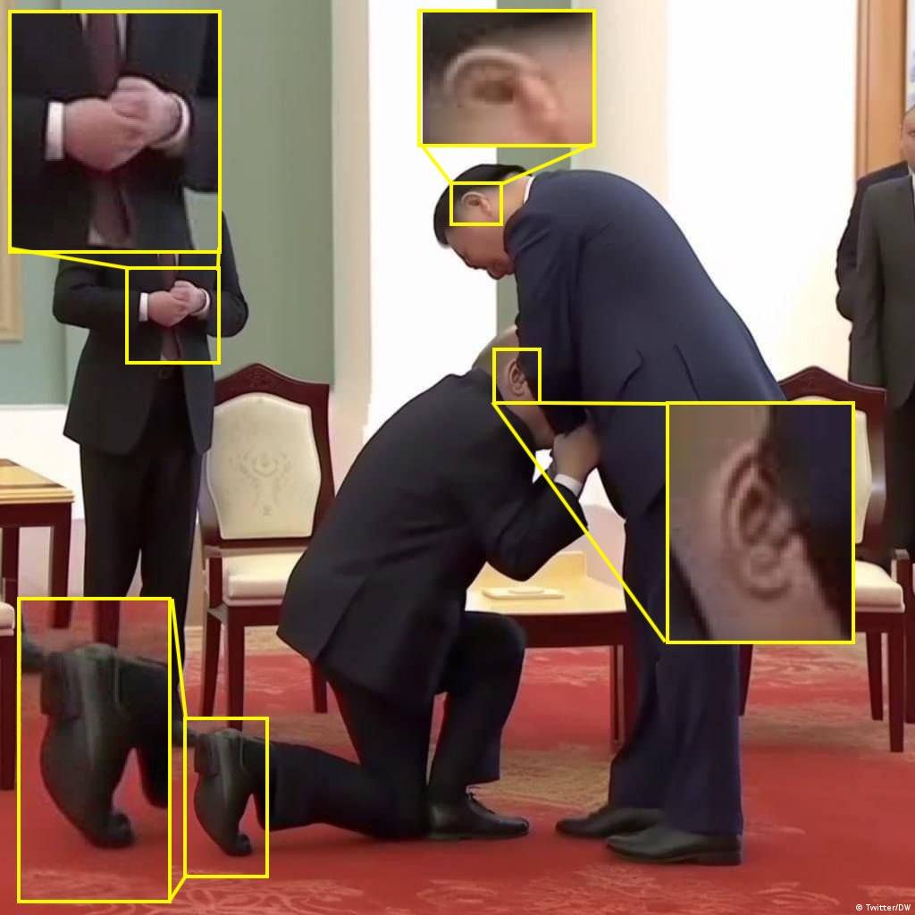 DW的图像分析显示，这张照片有几个疑点：耳朵、鞋子和手都是畸形的