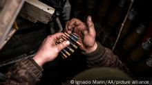 16.03.2023++ DONBAS REGION, UKRAINE, MARCH 16: Ukrainian servicemen from the Special Operations Forces (OPFOR) 214 Brigade load their tank with ammunition, at an undisclosed location along the frontline north of Bakhmut, Ukraine on March 16, 2023. As the fight for Bakhmut continues, the Ukrainian government has send reinforcements in order to hold the city against the Russian forces. Ignacio Marin / Anadolu Agency