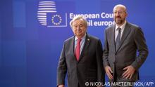 UN General secretary Antonio Guterres (L) and European Council President Charles Michel arrive for a European council summit, in Brussels, on March 23, 2023. (Photo by NICOLAS MAETERLINCK / Belga / AFP) / Belgium OUT