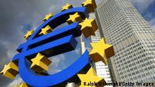 FRANKFURT, GERMANY - JANUARY 13: A Euro-sculpture and the European Central Bank (ECB) headquarter are seen January 13, 2005 in Frankfurt, Germany. (Photo by Ralph Orlowski/Getty Images)
