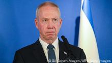 Israeli Minister of Defence Yoav Gallant delivers a statement to the press at the Israel Aerospace Industries (IAI) headquarters near the Ben Gurion airport in Tel Aviv, on March 9, 2023. - Austin, on a visit to Israel, expressed concerns on March 9 about Jewish settler violence against Palestinians and warned against acts that could trigger more insecurity. (Photo by GIL COHEN-MAGEN / AFP) (Photo by GIL COHEN-MAGEN/AFP via Getty Images)