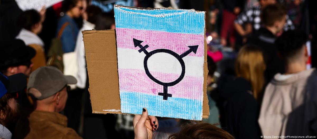 A protest sign with a transgender symbol and flag on it