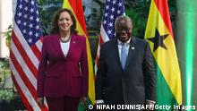 US Vice President Kamala Harris (L) poses for a portrait with President of Ghana Nana Akufo-Addo (R) as she arrives for their meeting at the Jubilee House presidential palace in Accra, Ghana, on March 27, 2023. - US Vice President Kamala Harris arrived in Ghana on March 26, 2023 at the start of a three-nation African tour, as Washington looks to strengthen diplomatic ties on the continent.
The trip to Ghana, Tanzania and Zambia until April 2 comes after a December summit hosted by President Joe Biden in Washington with US leaders and counterparts from Africa, a continent where China and Russia are enjoying rising influence. (Photo by Nipah Dennis / AFP) / ALTERNATIVE CROP (Photo by NIPAH DENNIS/AFP via Getty Images)