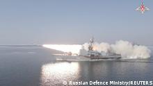 A still image from video, released by Russia's Defence Ministry, shows what it said to be a missile ship of Russia's Pacific Fleet firing a Moskit cruise missile at a mock enemy sea target in the waters of the Sea of Japan, in this still image taken from video released March 28, 2023. Russian Defence Ministry/Handout via REUTERS ATTENTION EDITORS - THIS IMAGE WAS PROVIDED BY A THIRD PARTY. NO RESALES. NO ARCHIVES. MANDATORY CREDIT. WATERMARK FROM SOURCE.