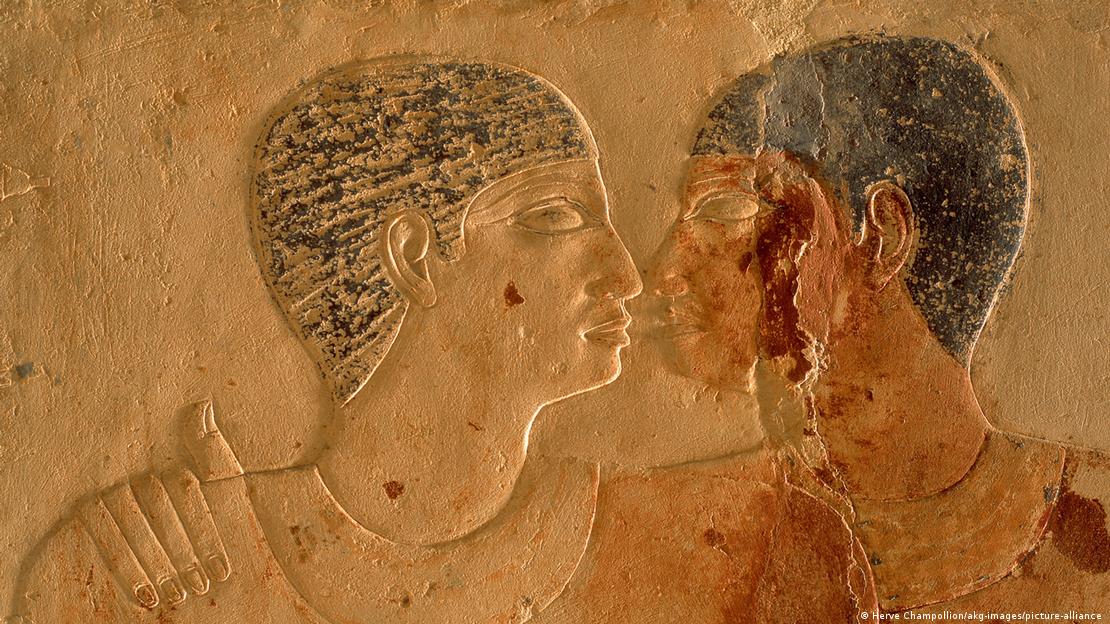 A relief of Niankhkhnum and Khnumhotep, priests and overseers at the palace of Pharaoh Neuserre, who are seen as if close to kissing