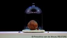A meatball made from flesh cultivated using the DNA of an extinct woolly mammoth is presented at NEMO Science Museum created by a cultured meat company, in Amsterdam, Netherlands March 28, 2023. REUTERS/Piroschka van de Wouw