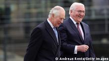 29.03.2023**BERLIN, GERMANY - MARCH 29: King Charles III and German President Frank-Walter Steinmeier arrive for a Ceremonial welcome at Brandenburg Gate on March 29, 2023 in Berlin, Germany. The King and The Queen Consort's first state visit to Germany is taking place in Berlin, Brandenburg and Hamburg from Wednesday, March 29th, to Friday, March 31st, 2023. The King and Queen Consort's state visit to France, which was scheduled for March 26th - 29th, has been postponed due to ongoing mass strikes and protests. (Photo by Andreas Rentz/Getty Images)