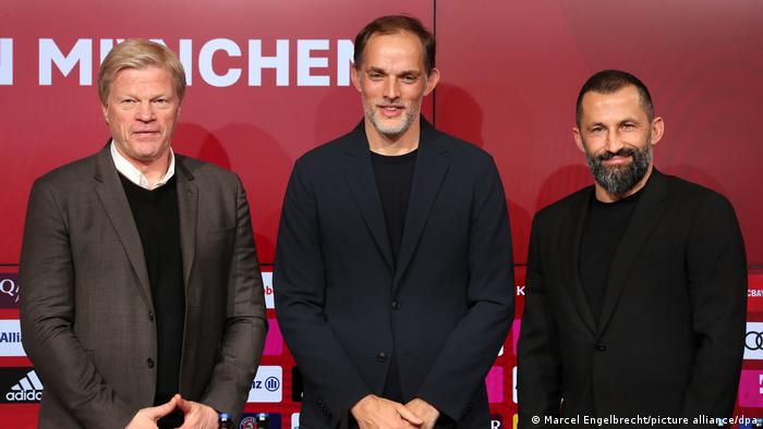 CEO Kahn and sports director Salihamidzic with coach Tuchel at his presentation as the new Bayern coach.