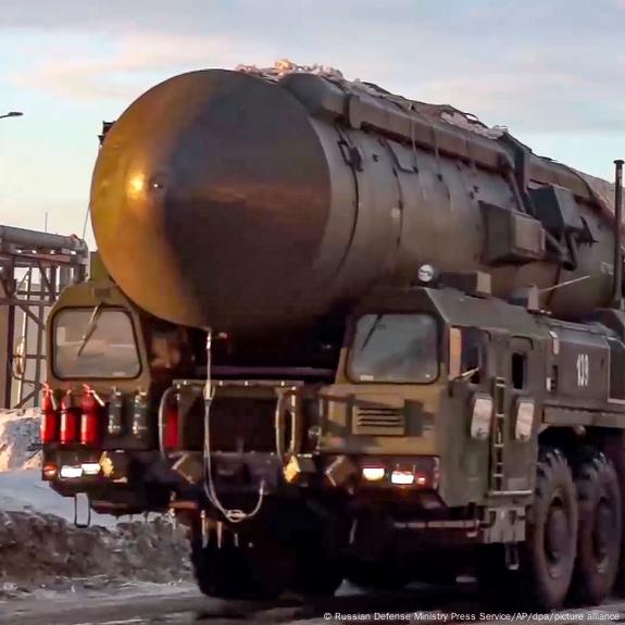 Still image  from video provided by the Russian Defense Ministry Press Service on March 29, 2023, shows a Yars missile launcher of the Russian armed forces being driven in an undisclosed location in Russia.