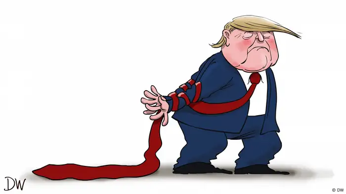 Трамп со связанными своим же длинным расным галстуком руками