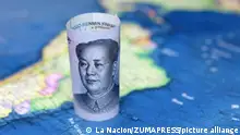 ***Achtung: Bildqualität! Bitte nicht als TOP-Bild im ROAD-Design verwenden!***
March 29, 2023: Chinese yuan on the map of South America. Trading between China and Latin American countries, economy and investment (Credit Image: © La Nacion via ZUMA Press