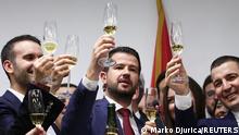 Jakov Milatovic, a presidential candidate from the Europe Now Movement, celebrates after the first results of the presidential election were announced, in Podgorica, Montenegro, April 2, 2023. REUTERS/Marko Djurica