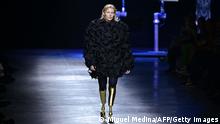 Model Lauren Wasser presents a creation during the Annakiki's women Fall/Winter 2022/2023 collection on the third day of the Milan Fashion Week in Milan on February 24, 2022. (Photo by MIGUEL MEDINA / AFP) (Photo by MIGUEL MEDINA/AFP via Getty Images)