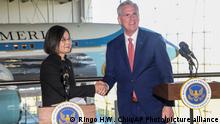House Speaker Kevin McCarthy, R-Calif., right, shakes hands with Taiwanese President Tsai Ing-wen after delivering statements to the press after a Bipartisan Leadership Meeting at the Ronald Reagan Presidential Library in Simi Valley, Calif., Wednesday, April 5, 2023. (AP Photo/Ringo H.W. Chiu)