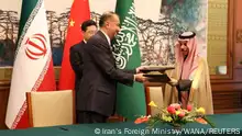 06.04.2023
Iranian Foreign Minister Hossein Amir-Abdollahian and Saudi Arabia's Foreign Minister Prince Faisal bin Farhan Al Saud attend a ceremony to sign a memorandum of understanding in Beijing, China, April 6, 2023. Iran's Foreign Ministry/WANA (West Asia News Agency)/Handout via REUTERS ATTENTION EDITORS - THIS PICTURE WAS PROVIDED BY A THIRD PARTY 