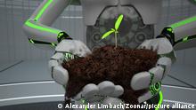 Hands of the green eco robot with soil and seedling. 3d illustration.