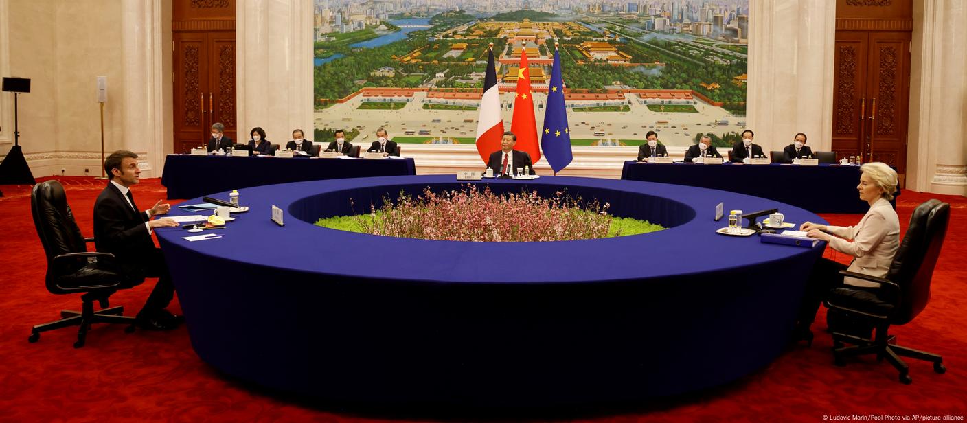 Macron, von der Leyen and Xi seated around a big table