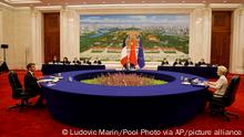 China's President Xi Jinping, center, his French counterpart Emmanuel Macron, left, and European Commission President Ursula von der Leyen meet for a working session in Beijing Thursday, April 6, 2023. (Ludovic Marin/Pool Photo via AP)