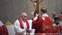 Pope Francis the ceremony of the Good Friday Passion of the Lord Mass in Saint Peter's Basilica at the Vatican.April 07, 2023