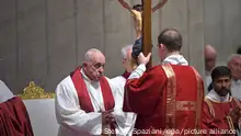 Pope Francis the ceremony of the Good Friday Passion of the Lord Mass in Saint Peter's Basilica at the Vatican.April 07, 2023