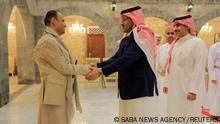 The head of the Houthi Supreme Political Council, Mahdi al-Mashat, shakes hands with Saudi ambassador to Yemen Mohammed Al-Jaber at the Republican Palace in Sanaa, Yemen April 9, 2023. Saba News Agency /Handout via REUTERS ATTENTION EDITORS - THIS IMAGE WAS PROVIDED BY A THIRD PARTY. 