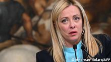 Italy's Prime Minister, Giorgia Meloni ponders during a joint press conference with her Spanish counterpart on April 5, 2023 following their meeting at Palazzo Chigi in Rome. (Photo by Andreas SOLARO / AFP)