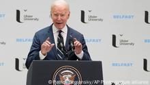 President Joe Biden gestures as he makes a speech about Northern Ireland's vast economic potential at the Ulster University's new campus in Belfast, Northern Ireland, Wednesday, April 12, 2023. President Biden is in Northern Ireland on Wednesday to participate in marking the 25th anniversary of the Good Friday Agreement, which brought peace to this part of the United Kingdom, as a new political crisis tests the strength of that peace.(AP Photo/Christophe Ena)