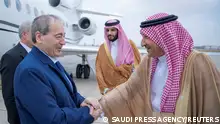 Deputy Minister of Saudi Foreign Ministry, Waleed El Khereiji meets with Syrian Minister of Foreign Affairs and Expatriates, Faisal Mekdad in Jeddah, Saudi Arabia, April 12, 2023. Saudi Press Agency/Handout via REUTERS ATTENTION EDITORS - THIS PICTURE WAS PROVIDED BY A THIRD PARTY