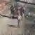 Die Luftaufnahme eines US-Nachrichtensenders zeigt die Verhaftung eines jungen Mannes in roten Sporthosen durch drei bewaffnete Einsatzkräfte 