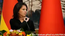 14/04/2023**German Foreign Minister Annalena Baerbock attends a joint press conference with Chinese Foreign Minister Qin Gang (not pictured) at the Diaoyutai State Guesthouse in Beijing, China, April 14, 2023. Suo Takekuma/Pool via REUTERS