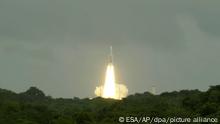 In this image provided by the European Space Agency, an Ariane rocket carrying the robotic explorer Juice takes off from Europe's Spaceport in French Guiana, Friday, April 14, 2023. European spacecraft has blasted off on a quest to explore Jupiter and three of its ice-encrusted moons. Dubbed Juice, the robotic explorer set off on an eight-year journey Friday from French Guiana in South America, launching atop an Ariane rocket. (ESA via AP)