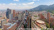 Bogota, Colombia March 25 Bogota aerial view on Santa Fe district and tenth street closed to traffic in a green day, both located in the North of the city. Shoot on March 25, 2019