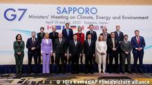 April 16, 2023**G-7 ministers on climate, energy and environment pose for a photo during its photo session in Sapporo, northern Japan, Saturday, April 15, 2023. Front row, from left are Vannia Gava, Italy's Undersecretary of State at the Ministry of Ecological Transition, EU Oceans and Environment Commissioner Virginijus Sinkevicius, EU Energy Commissioner Kadri Simson, Italy's Environment Minister Gilberto Pichetto Fratin, Japan's Environment Minister Akihiro Nishimura, Japan's Economy Minister Yasutoshi Nishimura, Germany's Environment Minister Steffi Lemke, Canada's Natural Resources Minister Jonathan Wilkinson, Canada's Environment Minister Steven Guilbeault and Germany's Economy and Climate Minister Patrick Graichen. Back row, from left are U.S. Environmental Protection Agency Deputy Administrator Janet McCabe, U.S. Energy Secretary Jennifer Granholm, U.S. Special Presidential Envoy for Climate John Kerry, France's Energy Minister Agnes Pannier-Runacher, France's Ecological Transition Minister Christophe Bechu, Britain's Environment Secretary Therese Coffey and Britain's Energy Secretary Grant Shapps. (AP Photo/Hiro Komae)