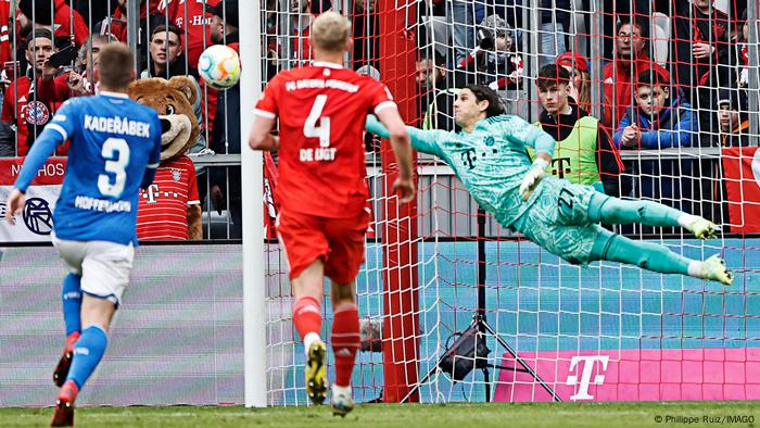 Yann Sommer stretches in vain against Hoffenheim after Andrej Kramaric's free kick